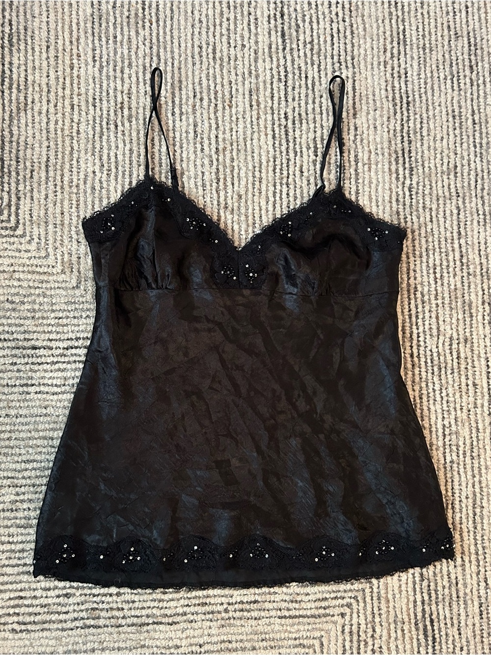 Y2K Babydoll Satin Cami Tank Top Size Large Sequined Beaded Sexy Spaghetti Strap